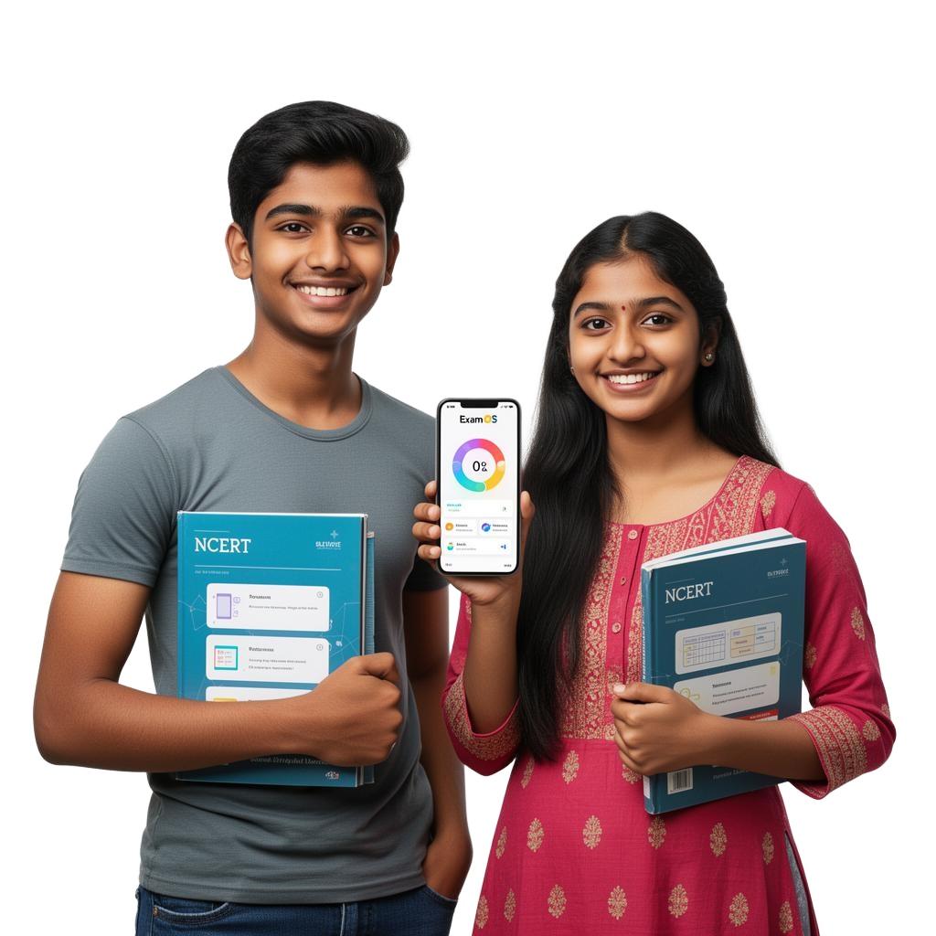 Two Indian students holding NCERT books and showing the NeetRankers app on a phone